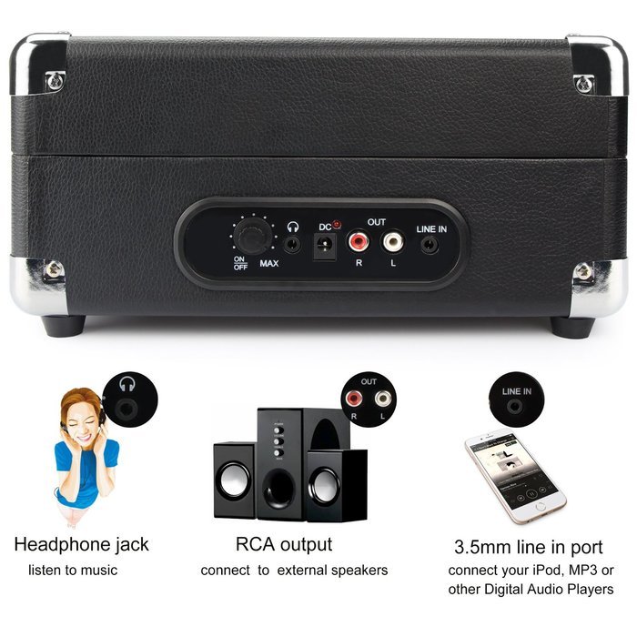 1byone Belt-Drive 3-Speed Portable Stereo Turntable with Built in Speakers, Supports RCA Output / Headphone Jack... N12