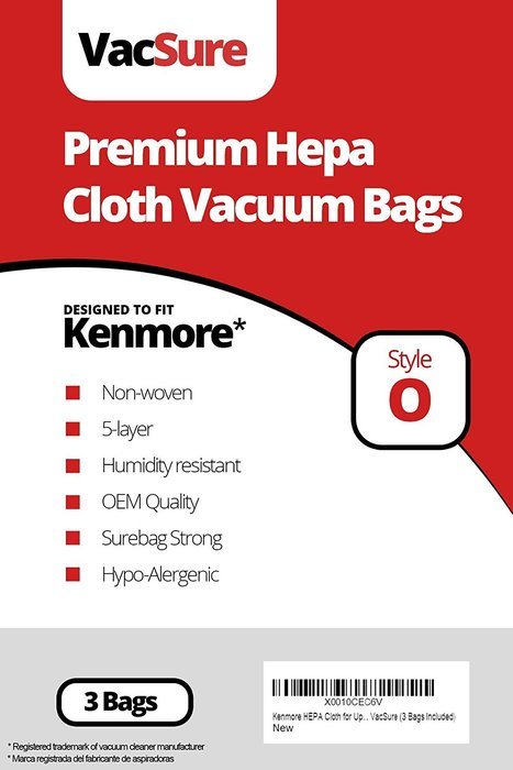Kenmore HEPA Cloth Vacuum Bags TYPE O & U for Upright Vacs, Panasonic Type U-2 Vacuum Bags by VacSure (3 Bags...