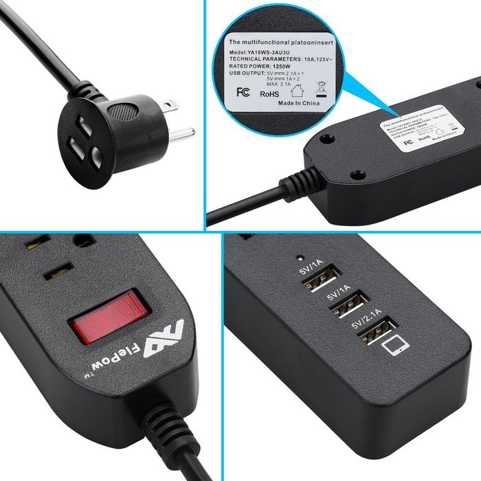 FlePow 1250W/10A 3-Outlet Power Strip with 3 USB Charging Ports N13