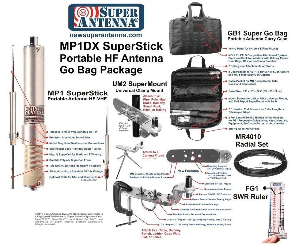 Super Antenna MP1DX HF Portable All Band MP1 Antenna SuperStick with Clamp Mount and Go Bag ham radio amateur N3