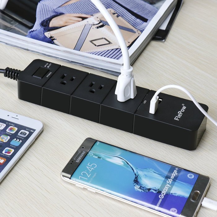 FlePow 1250W/10A 3-Outlet Power Strip with 3 USB Charging Ports N15