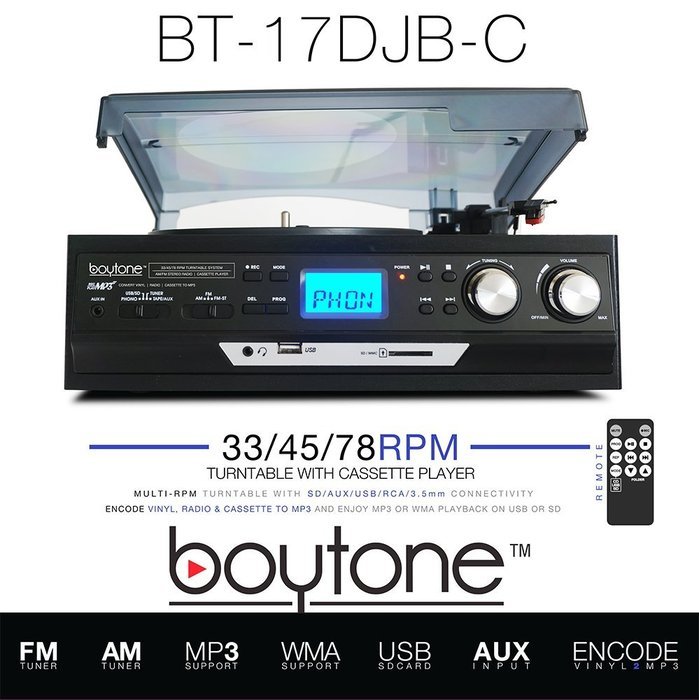 Boytone BT-17DJB-C 3-Speed Stereo Turntable with 2 Built in Speakers Digital LCD Display AM/FM Radio + Supports... N5