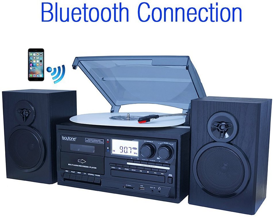 Boytone BT-28SPB, Bluetooth Classic Style Record Player Turntable with AM/FM Radio, Cassette Player, CD Player... N7