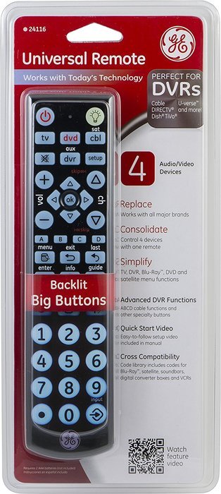 GE Universal LED Backlit Remote Control, 4-Device, Big Button, Infrared Black, 24116 N2