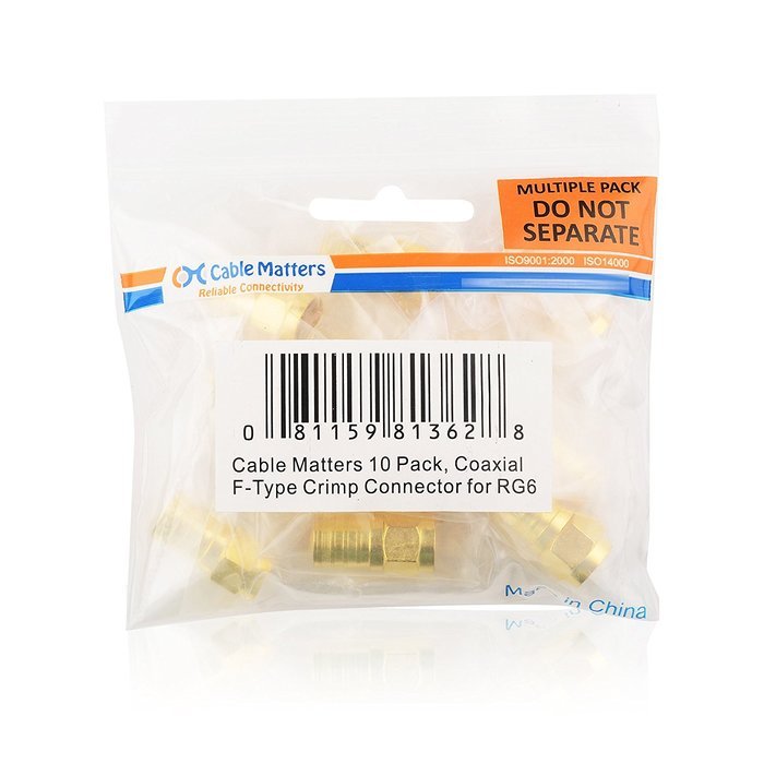 Cable Matters 10-Pack, Gold Plated F-Type Crimp-On Coaxial RG6 Connector N3