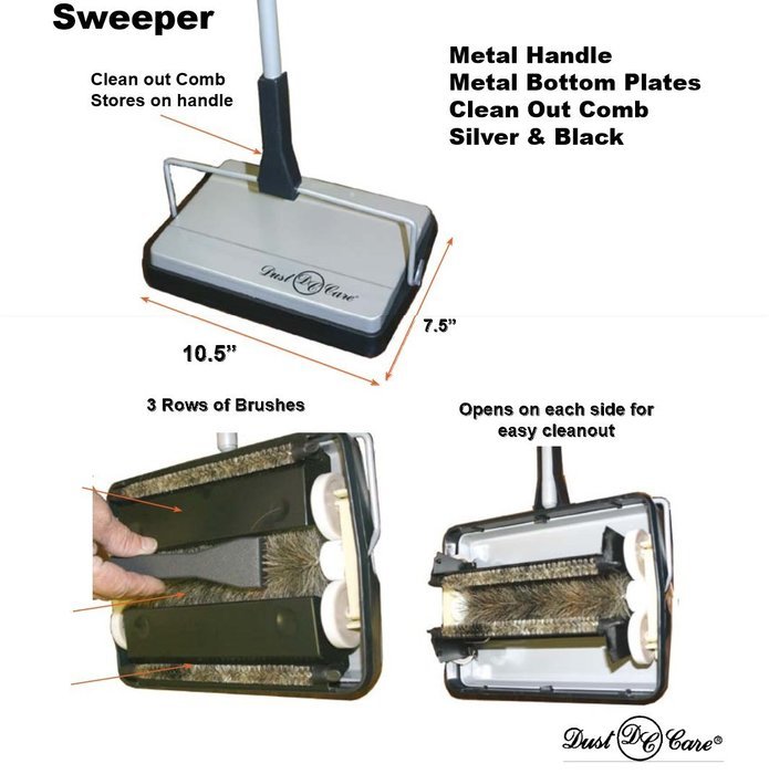 Dust Care DC 1001 Non Electric Commercial Grade Carpet Sweeper with Clean Out Comb On-Board, 3 Brush System