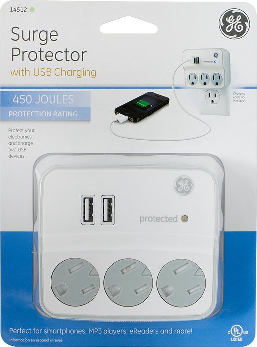 GE 14512 Surge Tap, 3 Outlets, 450J, USB, 2 Ports, 1.0A, White N3