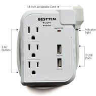 Bestten 3 Outlet Portable Travel Surge Protector with 2.4A Dual USB Charging Ports, 18in Cord, ETL Listed, White N37