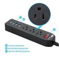 FlePow 1250W/10A 3-Outlet Power Strip with 3 USB Charging Ports N17