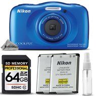 Nikon COOLPIX S33 Digital Waterproof &amp; Freezeproof Full HD 1080p Camera (Blue) + 64GB Class 10 Memory Card+ Backup...
