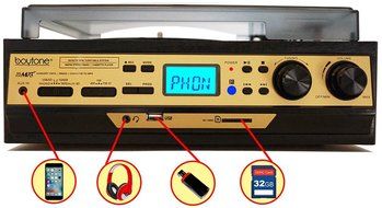 Boytone BT-27G-C Bluetooth connection 3-Speed Stereo Turntable, 2 built in Speakers Digital LCD Display AM/FM... N5