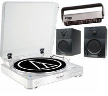 Audio Technica AT-LP60WH-BT Bluetooth Automatic Turntable (White) w/ Samson BT3 Monitors &amp; Knox Carbon Fiber Vinyl... N2