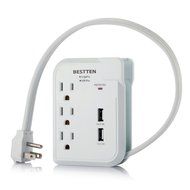 Bestten 3 Outlet Portable Travel Surge Protector with 2.4A Dual USB Charging Ports, 18in Cord, ETL Listed, White N62