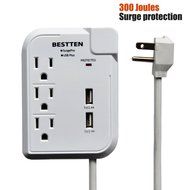 Bestten 3 Outlet Portable Travel Surge Protector with 2.4A Dual USB Charging Ports, 18in Cord, ETL Listed, White N63