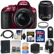 Nikon D5300 Digital SLR Camera &amp; 18-55mm G DX II AF-S Zoom (Red) with 55-200mm DX AF-S Lens + 32GB Card + Battery...