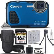 Canon PowerShot D30 Waterproof Digital Camera Blue + Backup Battery + 16GB Class 10 Memory Card + Card Reader...
