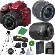 Nikon D3300 Red - International Version (No Warranty), 18-55mm f/3.5-5.6 DX VR, Nikon 55-200mm f4-5.6G ED DX Nikkor... N2
