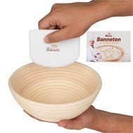 (9 Inch) Banneton Proofing Basket + Free Bowl Scraper &amp; Cloth Liner - Perfect Bread Loaf Shape Flour Round Rising... N18