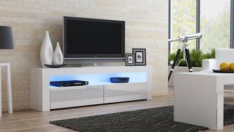 TV Console MILANO Classic WHITE - TV stand up to 70-inch flat TV screens &ndash; LED lighting and High Gloss finish...