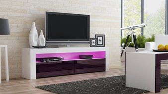 TV Console MILANO Classic WHITE - TV stand up to 70-inch flat TV screens &ndash; LED lighting and High Gloss finish... N2