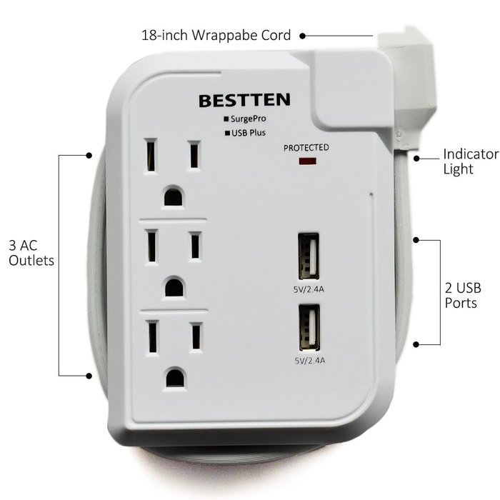 Bestten 3 Outlet Portable Travel Surge Protector with 2.4A Dual USB Charging Ports, 18in Cord, ETL Listed, White N37
