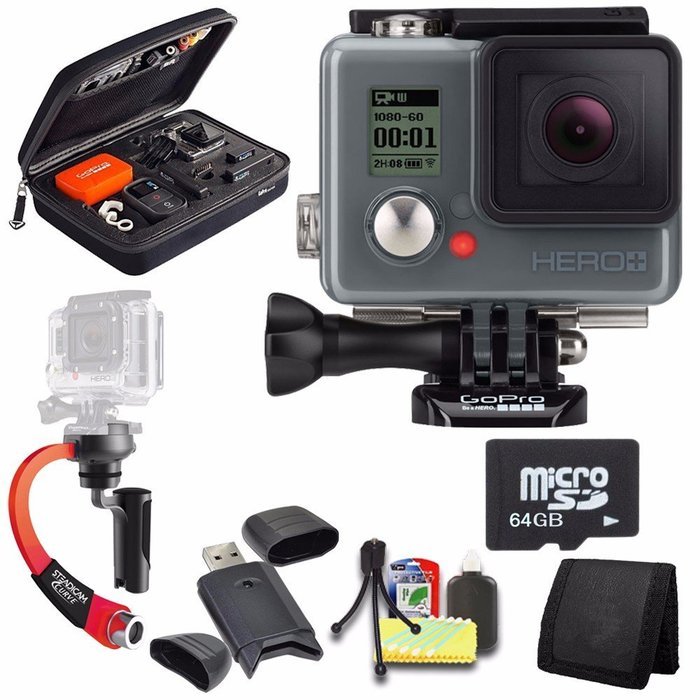 GoPro HERO+ LCD + Steadicam Curve for GoPro HERO Action Cameras (Red) + 64GB Memory Card + Case for GoPro HERO4... N2