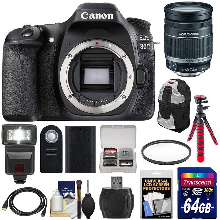 Canon EOS 80D Wi-Fi Digital SLR Camera Body with 18-200mm IS Lens + 64GB Card + Battery + Backpack + Flash + Flex...