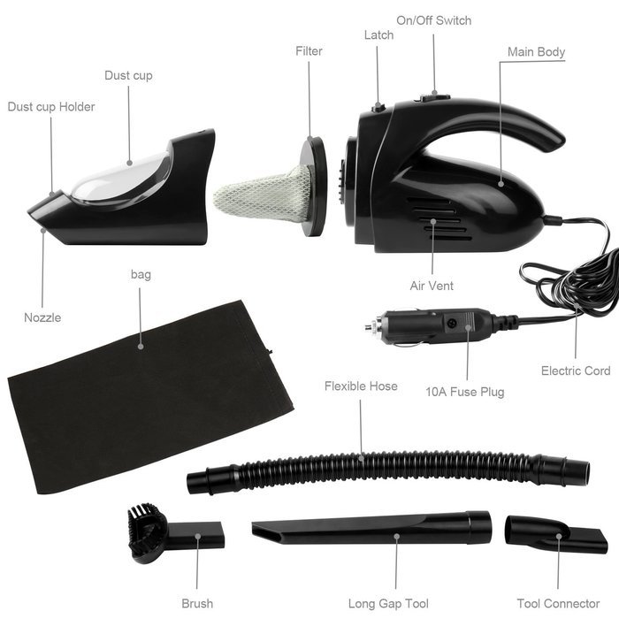 Car Vacuum Cleaner Funkoo Auto Vacuum Cleaner DC12-Volt Suction 3KPA Black Portable Cyclonic Handheld Vacuum Cleaner... N6