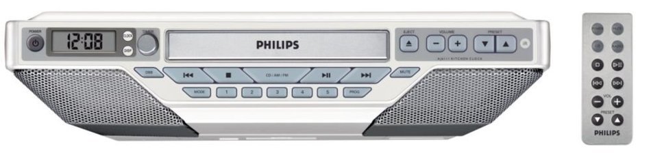 Philips UTC Ktchn CD Clock Radio w/ 25 Preset Stations, Remote w/magnet,LCD Dspl