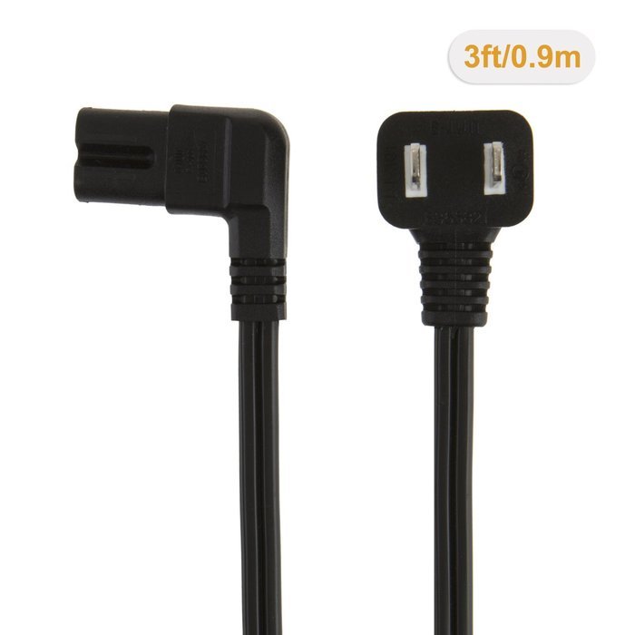 CableCreation 3 Foot 18 AWG Angled 2-Slot Non-Polarized Angle Power Cord (IEC320 C7 To Nema 1-15P), 0.915M / Black N3