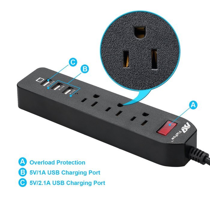 FlePow 1250W/10A 3-Outlet Power Strip with 3 USB Charging Ports N17