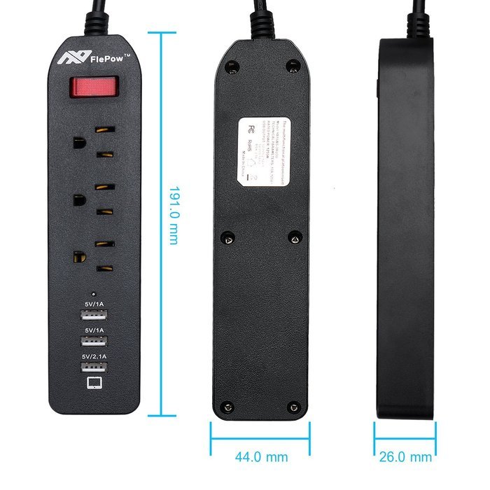 FlePow 1250W/10A 3-Outlet Power Strip with 3 USB Charging Ports N18