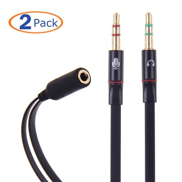 Conwork 2-Pack Gold Plated 3.5mm Stereo Female to 2-male Y-splitter Audio Flat Cable -Black N2