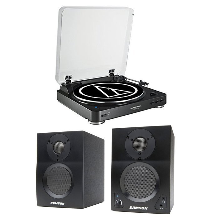 Audio-Technica AT-LP60BK-BT Bluetooth Automatic Turntable (Black) w/ Samson BT3 Active 2-way Bluetooth Monitors N2