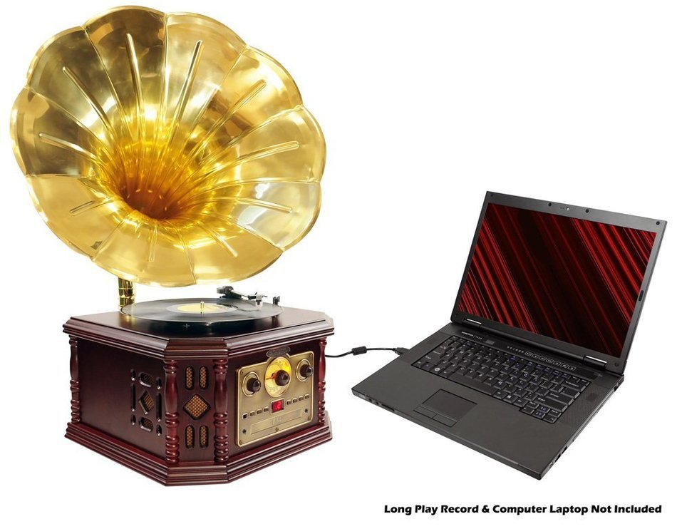 PYLE-HOME PVNP4CD Vintage Phonograph Horn Turntable with CD, Cassette, AM/FM, Aux-In and USB-to-PC Recording N5