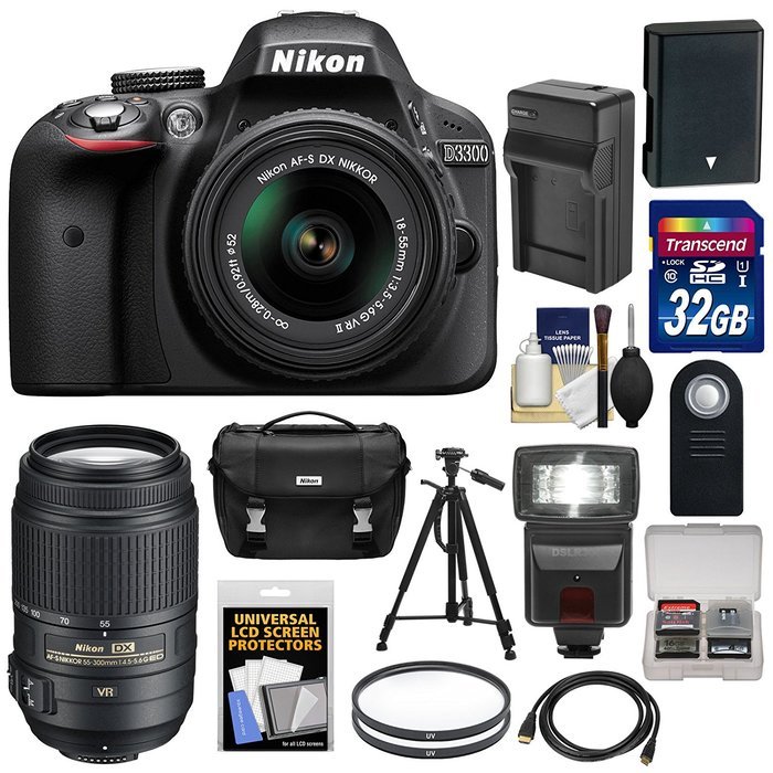 Nikon D3300 Digital SLR Camera & 18-55mm G VR DX II (Black) + 55-200mm VRII Lens + 32GB + Case + Battery/Charger... N5