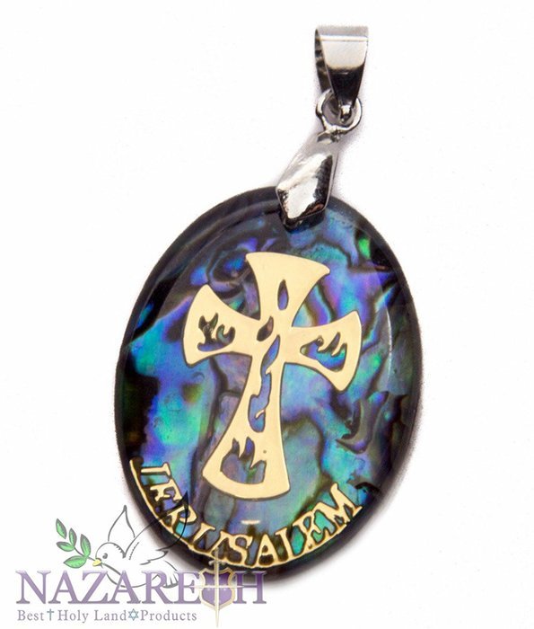 Catholic Cross Abalone Shell Pendant Pearl Crucifix Handmade Amulet Nazareth N2