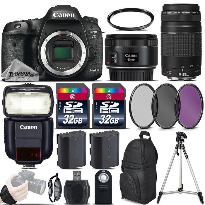 Canon EOS 7D Mark II DSLR Camera + 50mm 1.8 STM Lens + Canon 75-300mm Lens + Canon Speedlite 430EX III RT + 64GB...