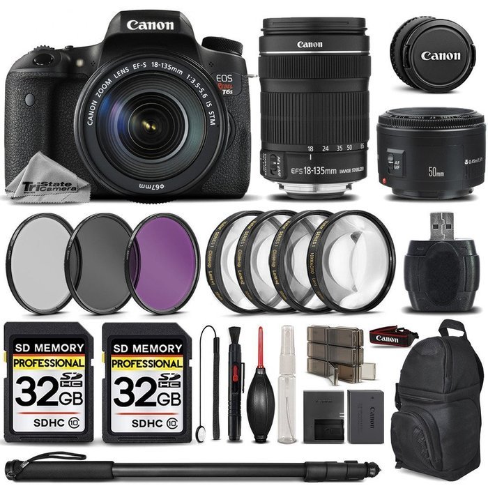 Canon Rebel T6s Camera + Canon EF-S 18-135mm f/3.5-5.6 IS STM Lens + Canon EF 50mm f 1.8 II Lens + 67mm Macro...