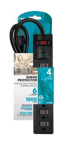 Prime PB802225 6 Outlet 1000 Joule Surge Protector, 4-foot cord, Black