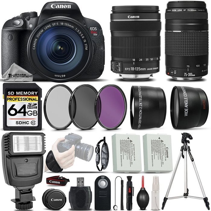 Canon EOS Rebel T5i DSLR Full HD 1080p Camera + Canon 18-135mm IS STM Lens + Canon 75-300mm III Lens + Digital... N3