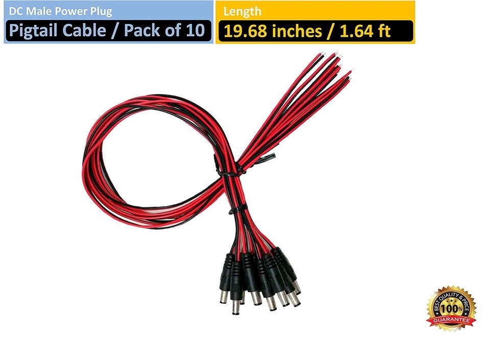 VIEWISE CCTV Security Camera DC Male Power Plug Pigtail Cable, Pack of 10 (Black/Red) N14