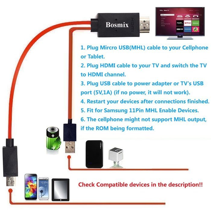 Bosmix 6.5 Feet 11 Pin Mircro USB (MHL) to HDMI adapter cable 1080P HDTV for Samsung Galaxy S3/S4/S5, Note 2/3... N3