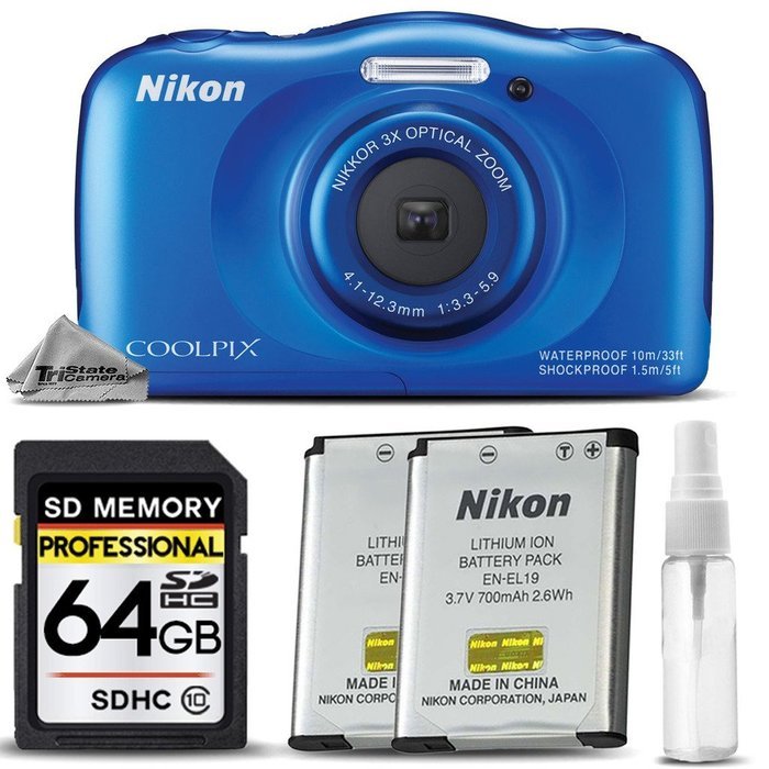 Nikon COOLPIX S33 Digital Waterproof & Freezeproof Full HD 1080p Camera (Blue) + 64GB Class 10 Memory Card+ Backup...