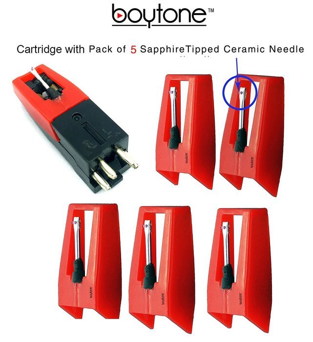 Boytone Stylus - Cartridge with 5 replacement ceramic needle for most turntable record players.