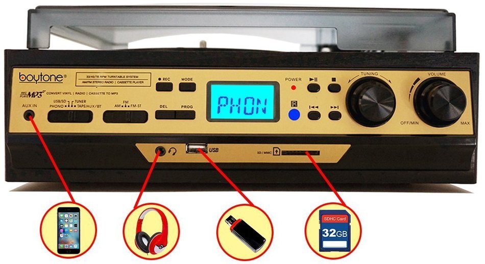 Boytone BT-27G-C Bluetooth connection 3-Speed Stereo Turntable, 2 built in Speakers Digital LCD Display AM/FM... N5