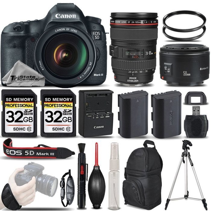Canon EOS 5D Mark III DSLR + Canon 24-105mm f/4L IS USM Lens + Canon 50mm 1.8 II Lens + Backup Battery + 2 Of...
