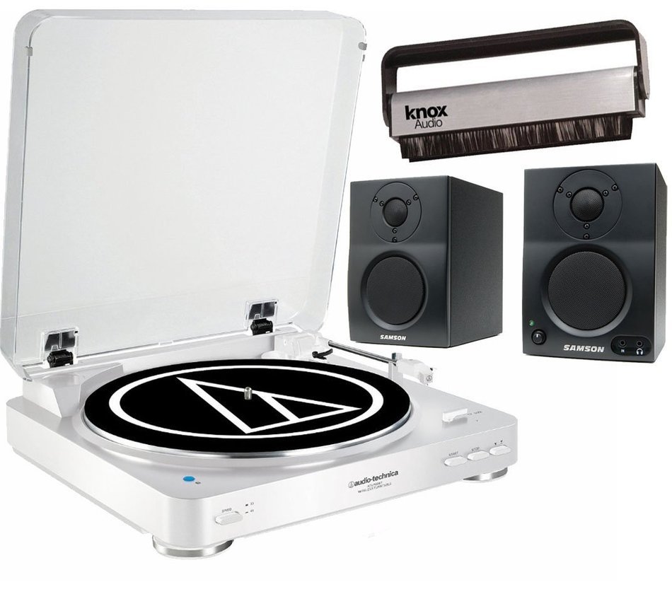 Audio Technica AT-LP60WH-BT Bluetooth Automatic Turntable (White) w/ Samson BT3 Monitors & Knox Carbon Fiber Vinyl... N2