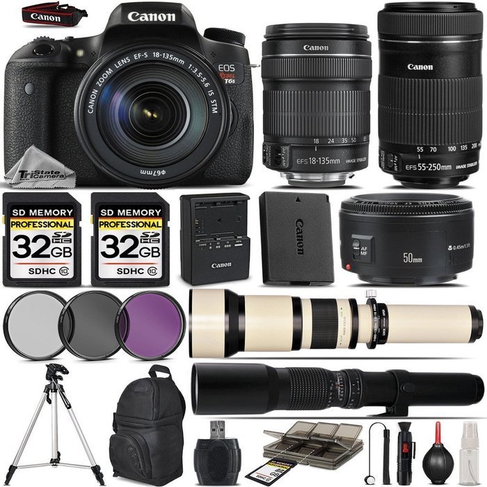 Canon EOS Rebel T6s DSLR Camera + Canon 18-135mm STM Lens + Canon 55-250mm STM + Canon 50mm 1.8 Lens + 650-1300mm...