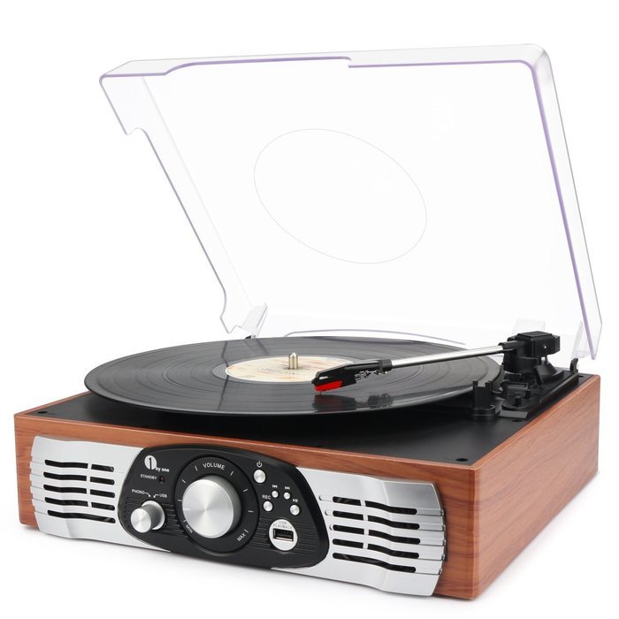 1byone Belt-Drive 3-Speed Stereo Turntable with Built in Speakers, Supports Vinyl to MP3 Recording, USB MP3 Playback... N5
